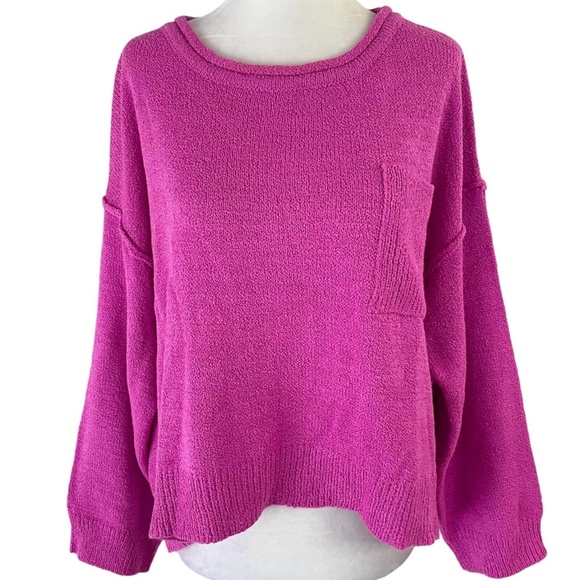 New Lumiere Boxy Long Sleeve Round Neck Pocket Pullover Sweater Pink Size Small - Picture 1 of 16